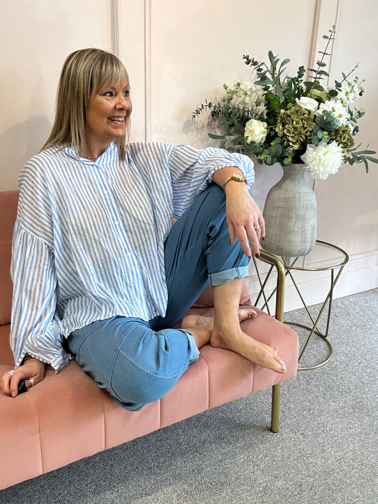 Striped Grandad Shirt - Powder Blue/White - Wardrobe By Simone