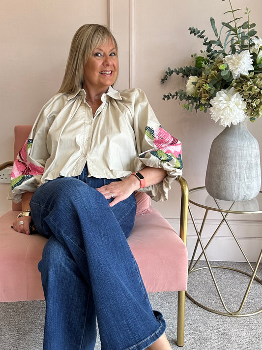 Floral Embroidered Sleeve Shirt - Light Beige - Wardrobe By Simone