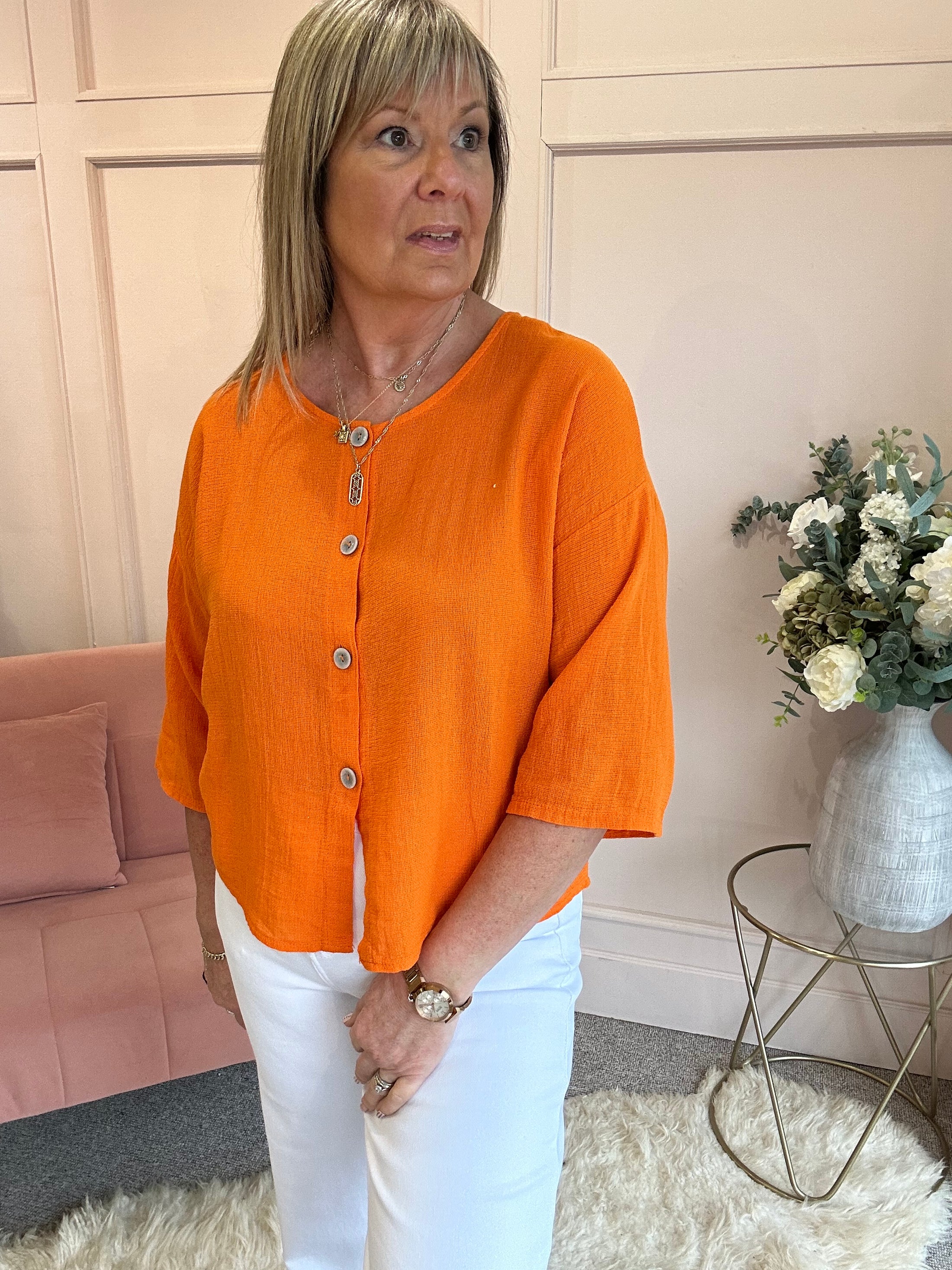 Cotton Buttoned Top  - Orange - Wardrobe By Simone