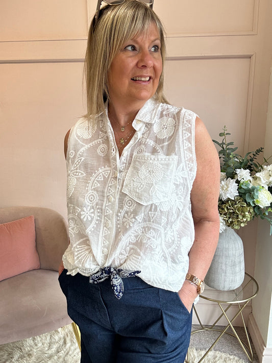 Embroidered Sleeveless Top  - White - Wardrobe By Simone