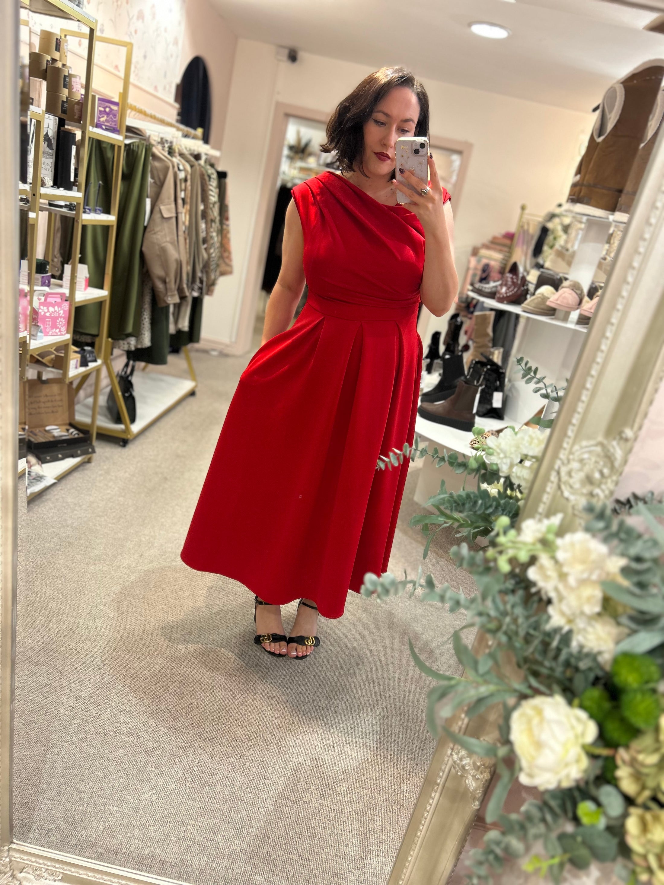 Asymmetric Neckline Skater Dress - Red