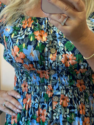 Floral Bloom Midi Dress - Blues/Oranges