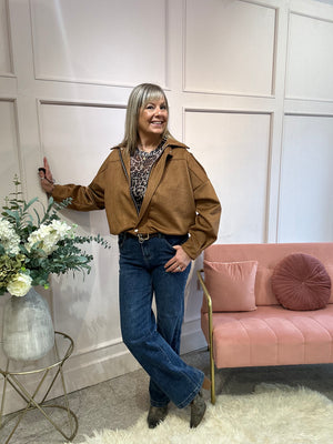 Zipped Suedette Bomber Jacket - Tan