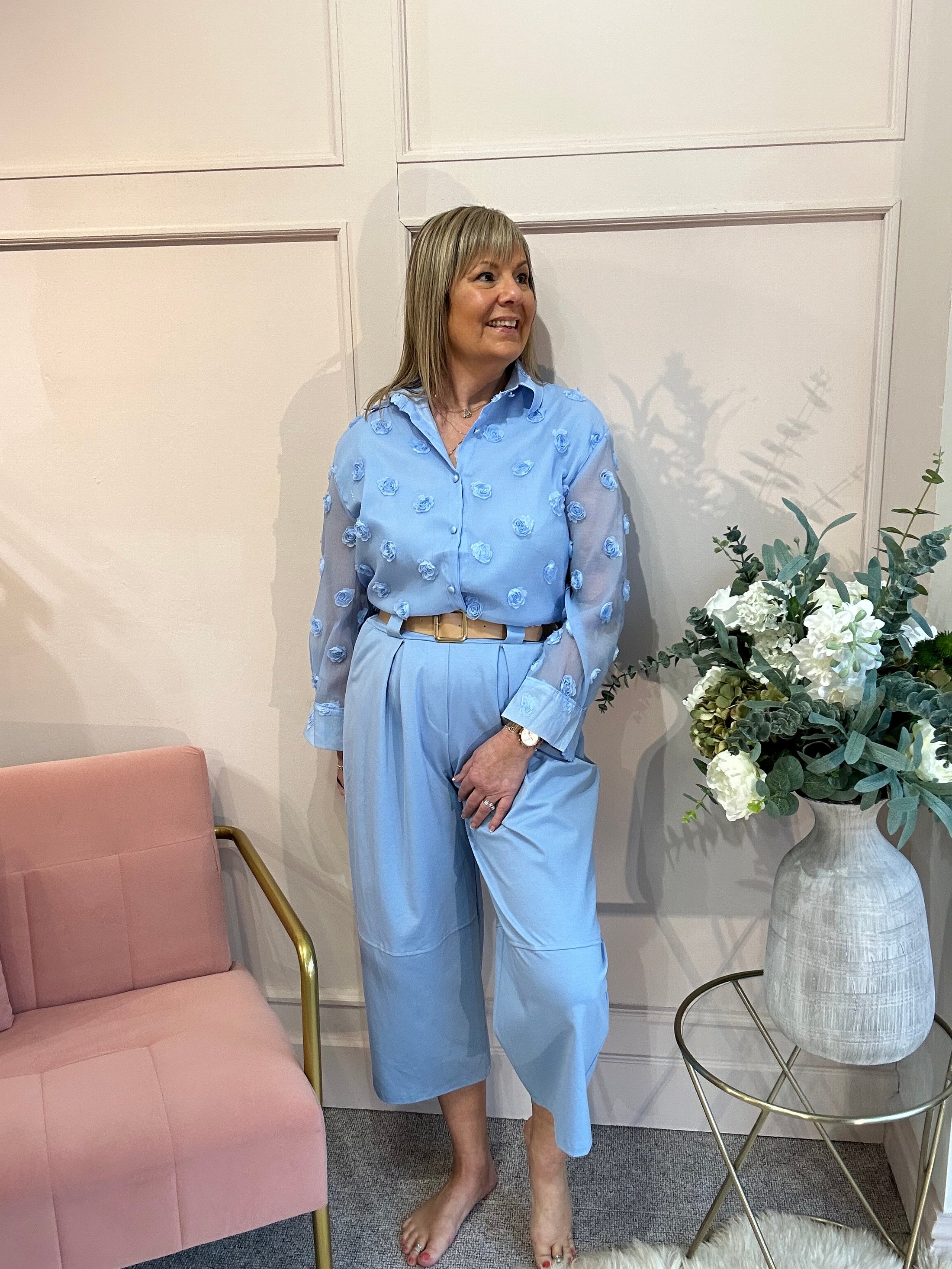 Belted Cropped Pant - Powder Blue - Wardrobe By Simone