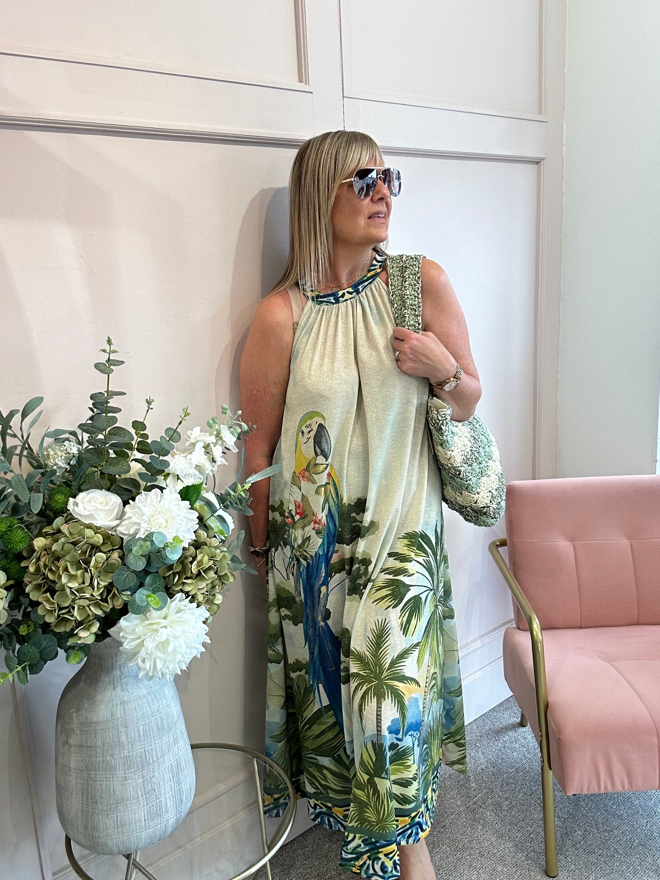 Parrot & Palm Halterneck Dress - Blues/Green