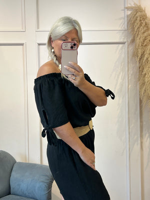 Linen Bardot Top & Shorts Playsuit - Black
