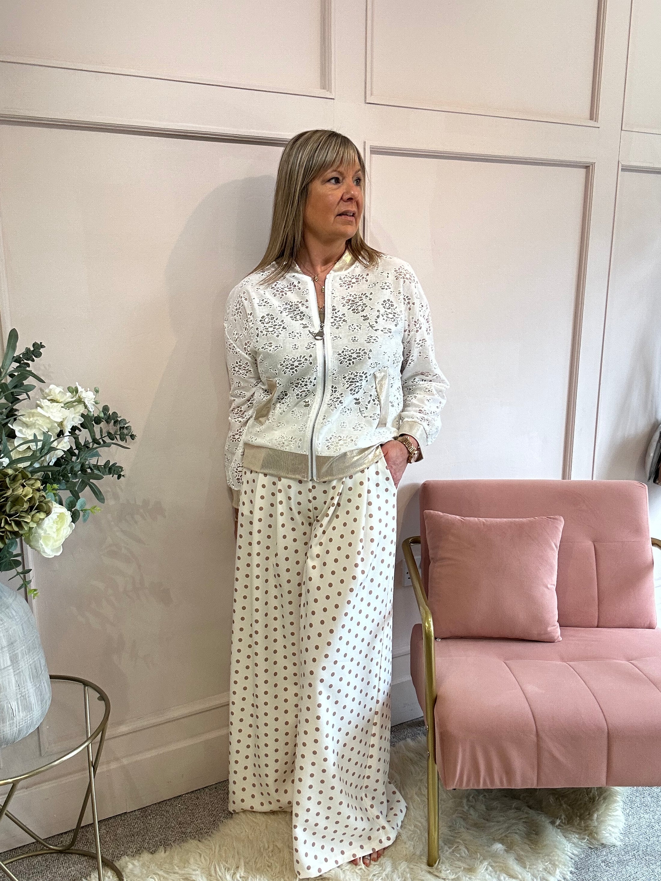 Polka Dot Wide Leg Pant - Light Cream/Beige - Wardrobe By Simone