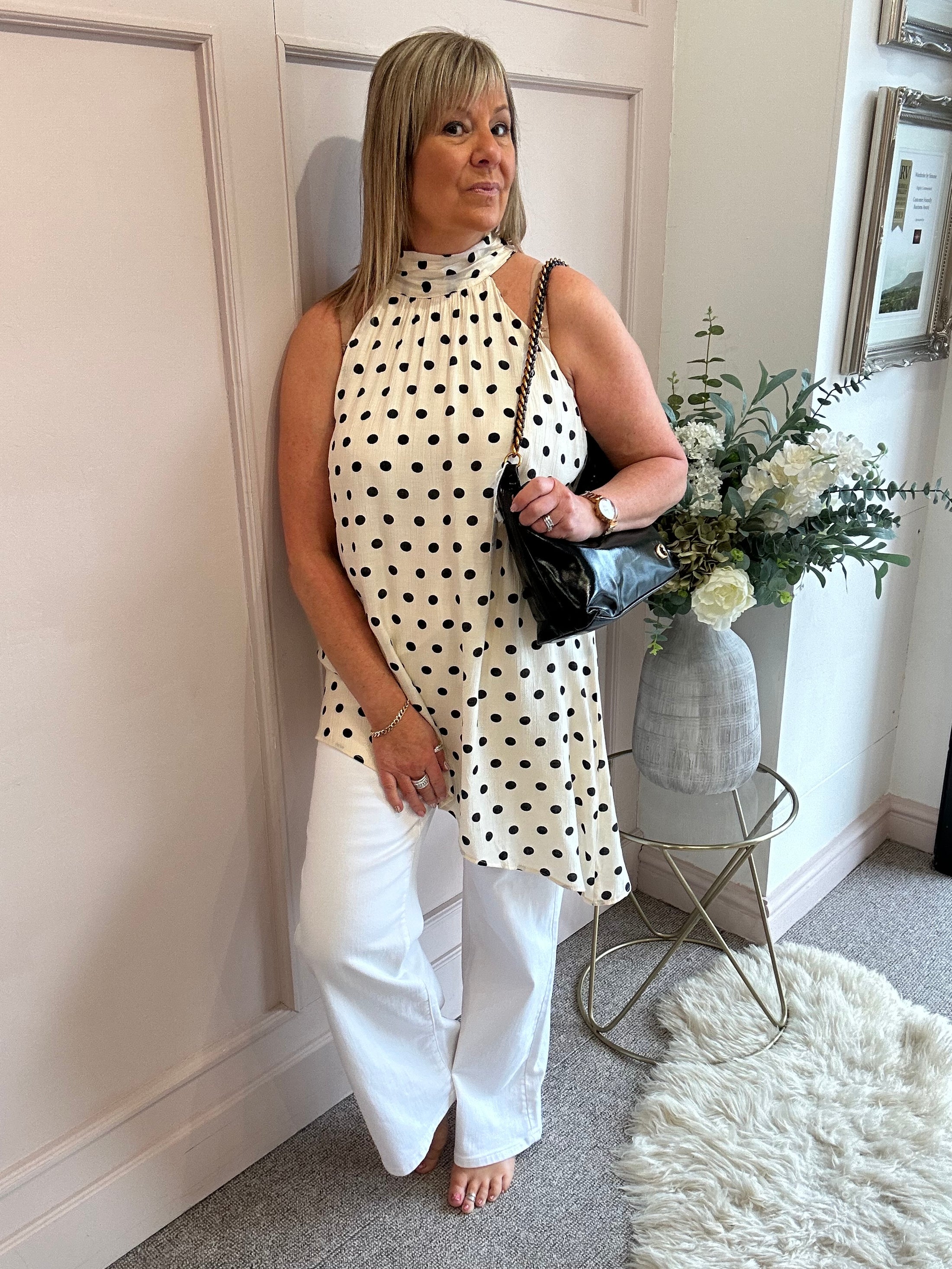 Polka Dot Halter Neck Top - Cream/Black - Wardrobe By Simone