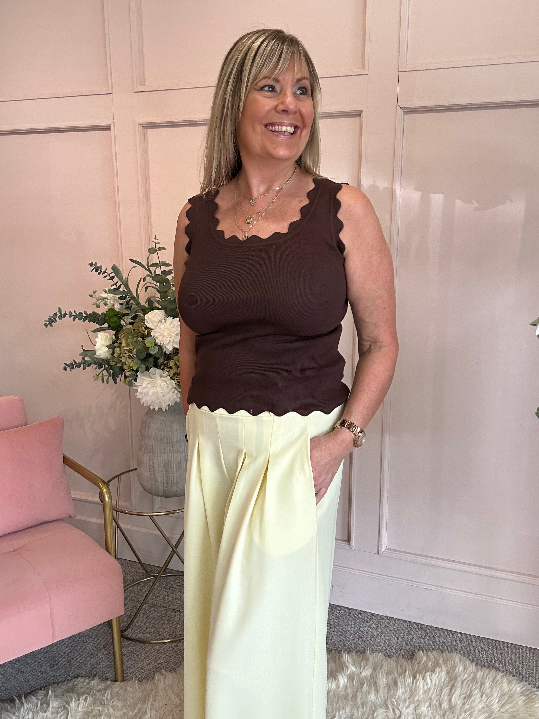 Scalloped Edged Vest Top - Brown
