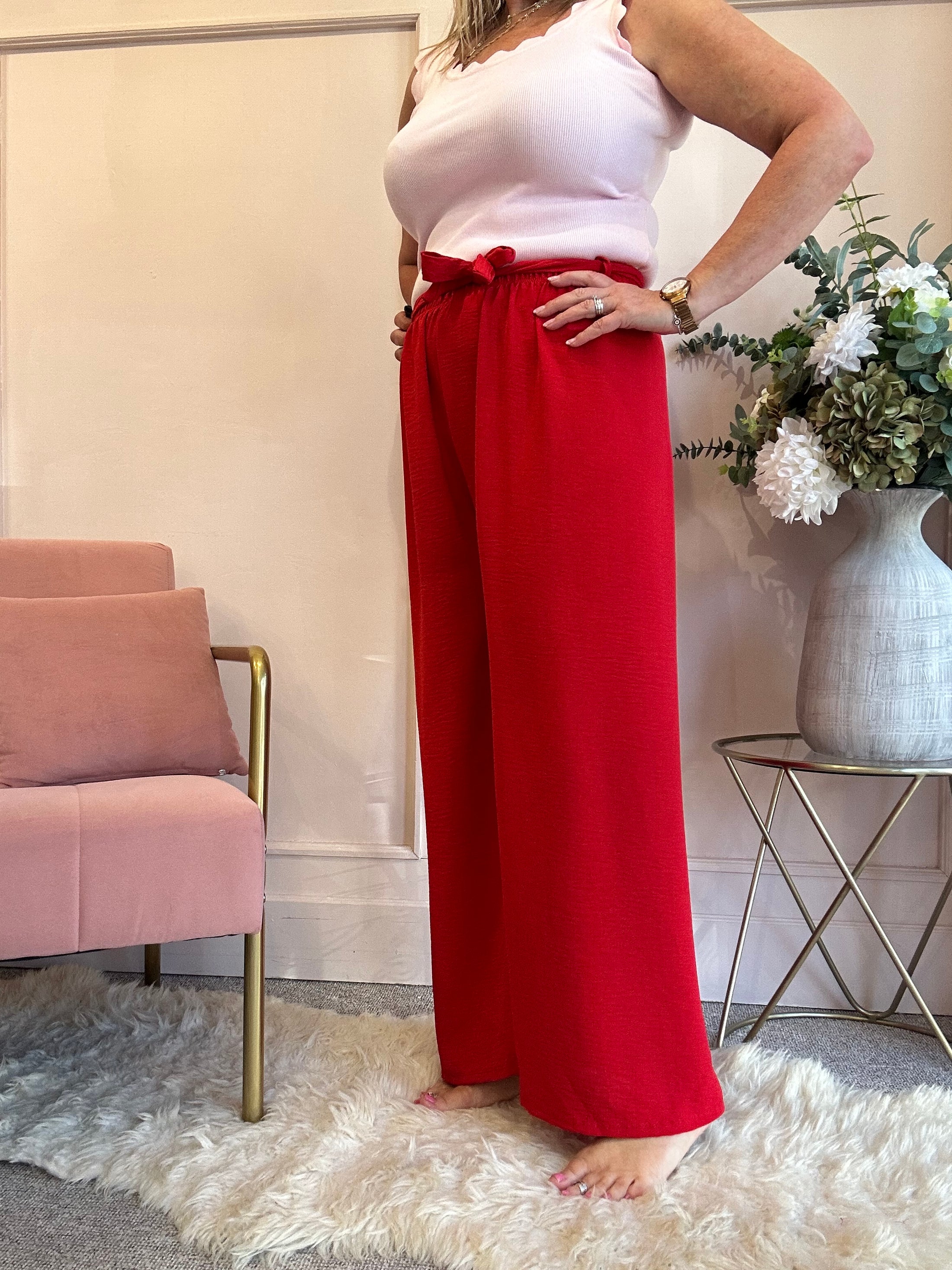 Tie Belt Wide Pant - Red - Wardrobe By Simone