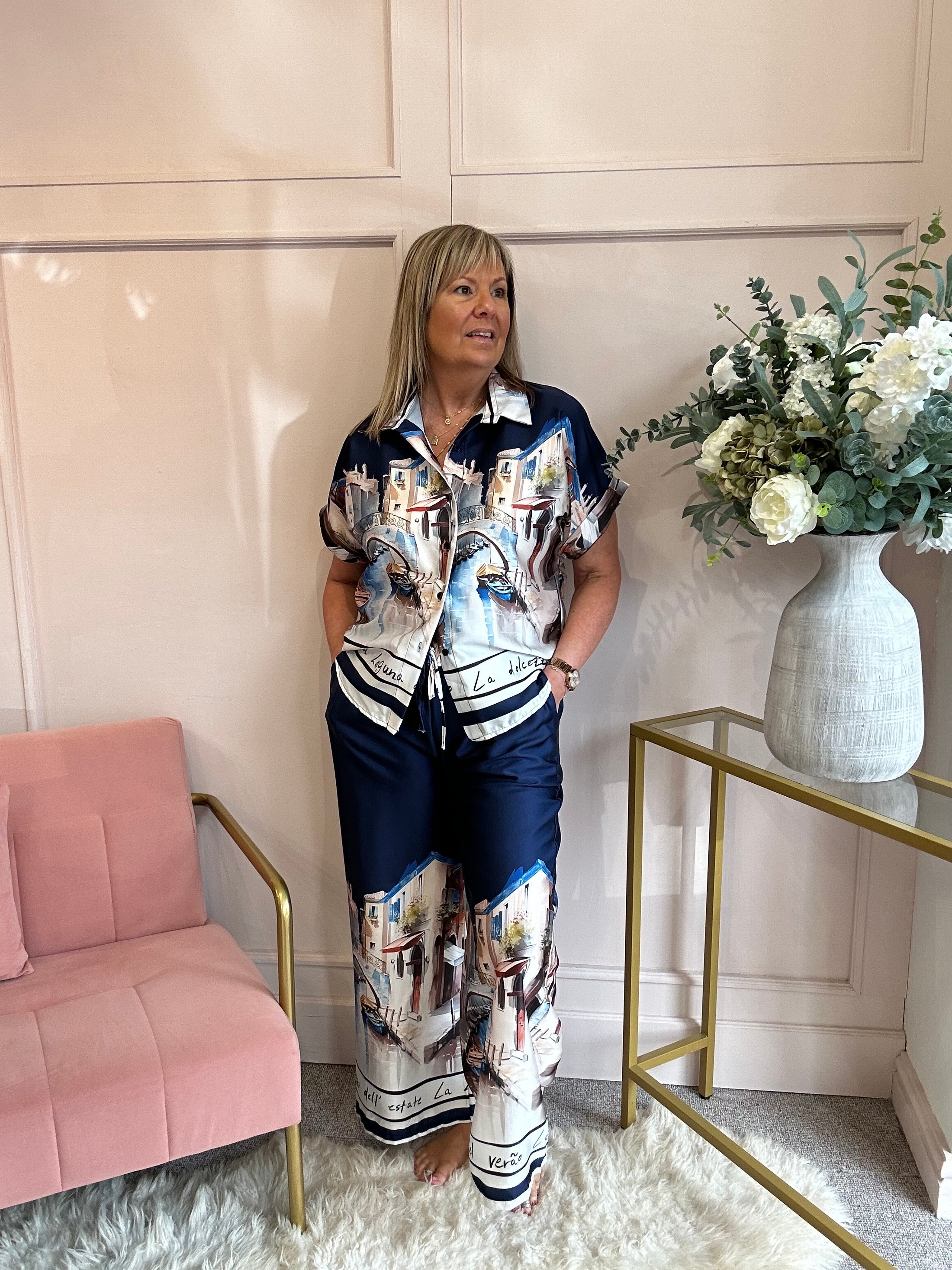 Vienna Scene Shirt & Pant Set - Navy/Mix - Wardrobe By Simone