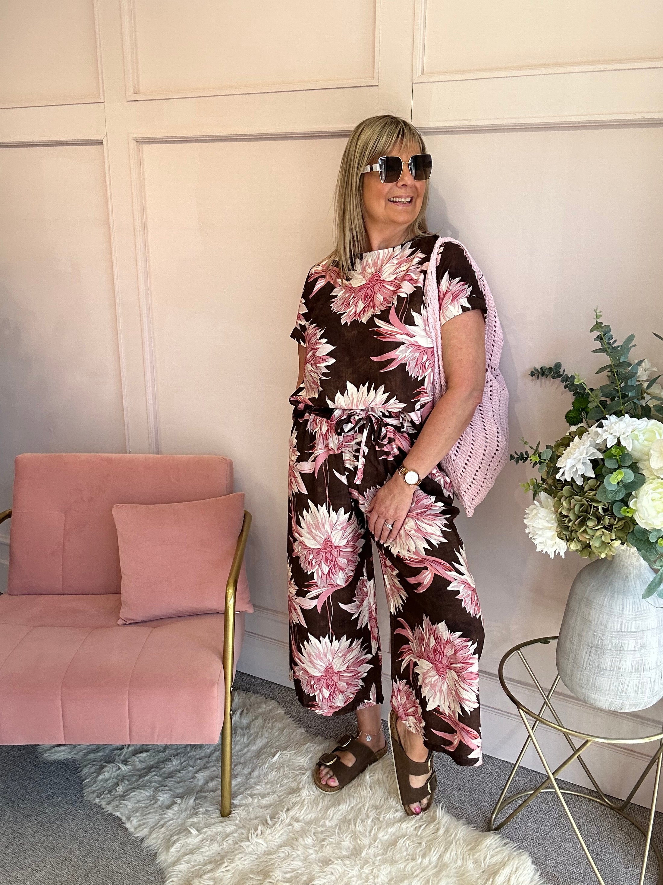 Tropical Top & Crop Pant Set - Brown/Pink - Wardrobe By Simone