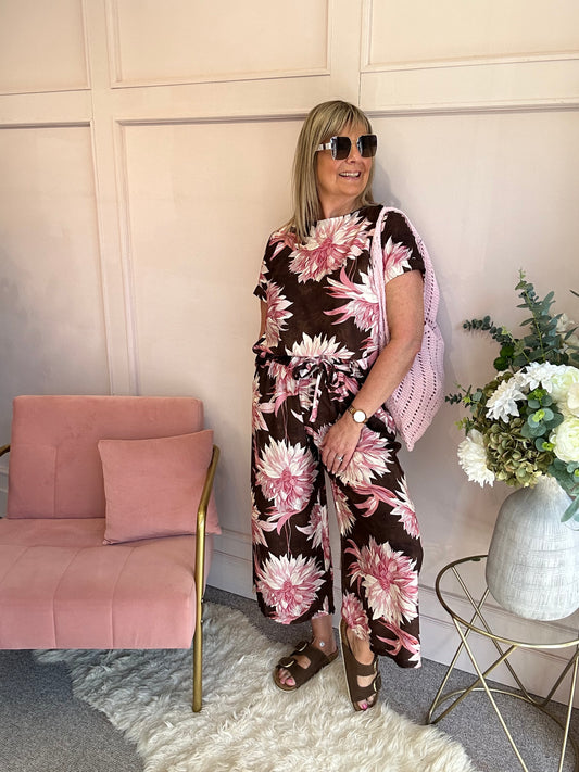 Tropical Top & Crop Pant Set - Brown/Pink - Wardrobe By Simone