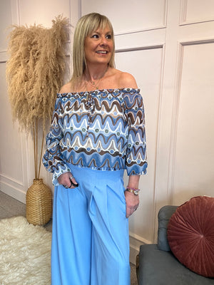 Ruffle Neck Swirl Print Blouse - Blue/Beige