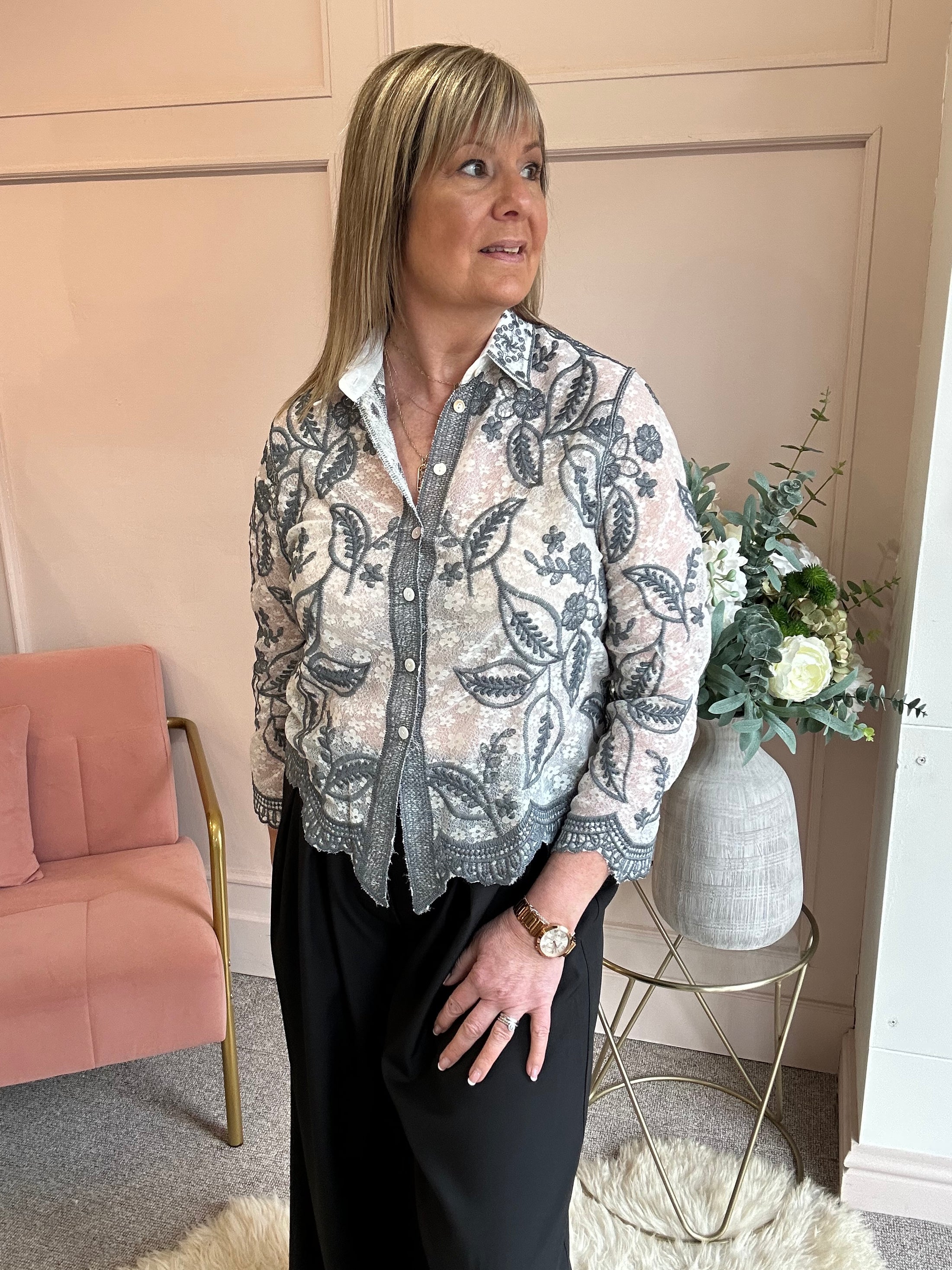 Pretty Embroidered Lace Shirt - White/Grey - Wardrobe By Simone