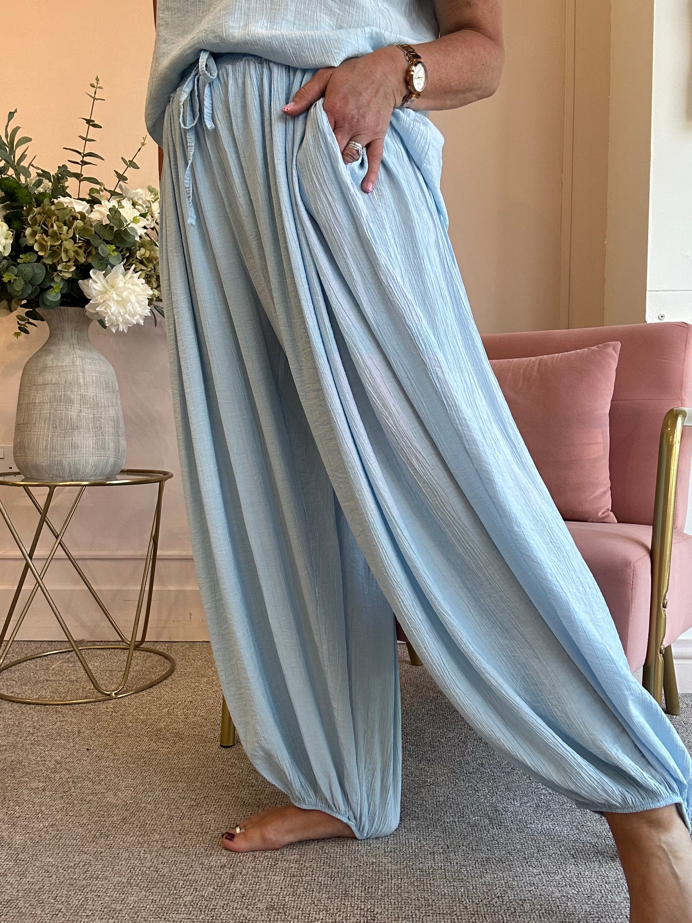 Crinkle Baggy Harem Pant - Pale Blue