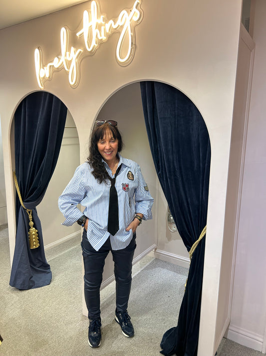 Tie & Motif Striped Shirt  - Blue/White - Wardrobe By Simone