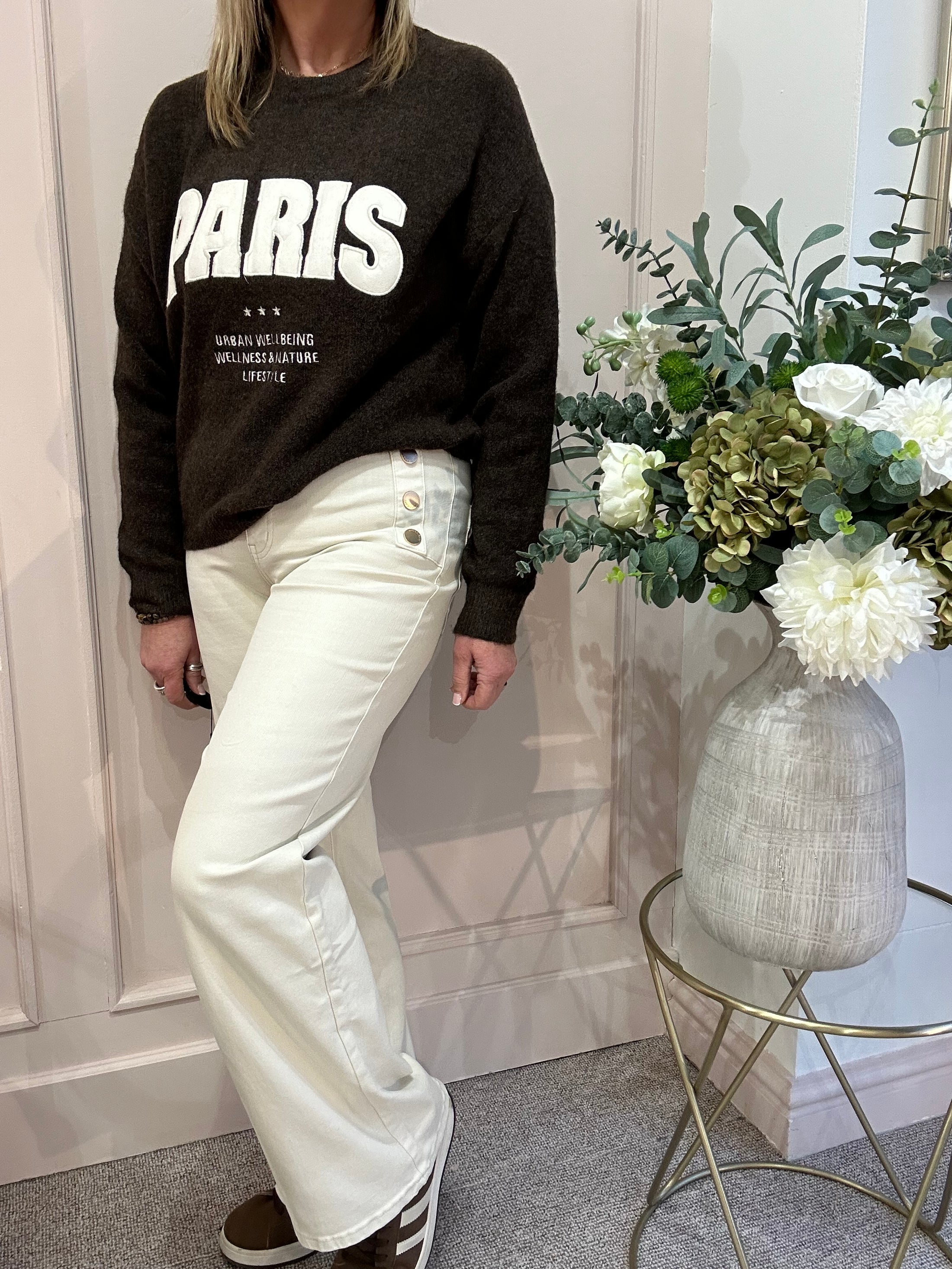 Wide Leg gold Button Jeans - Beige