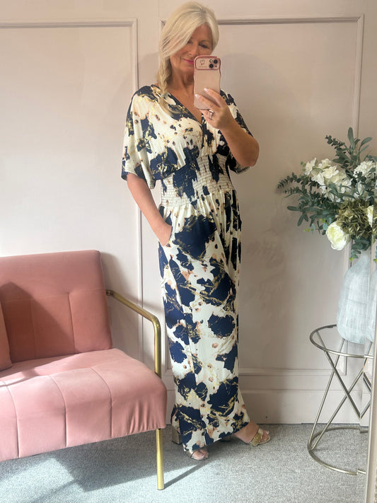 Slinky Jumpsuit - Navy/Cream - Wardrobe By Simone