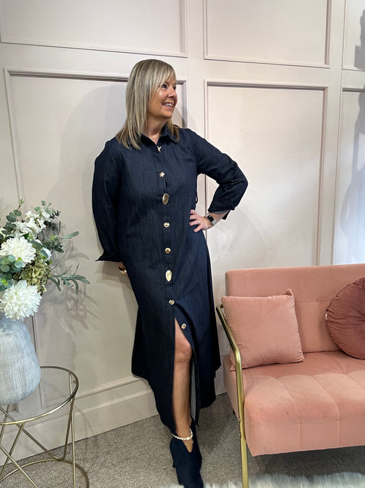 Denim Maxi Shirt Dress - Dark Denim - Wardrobe By Simone