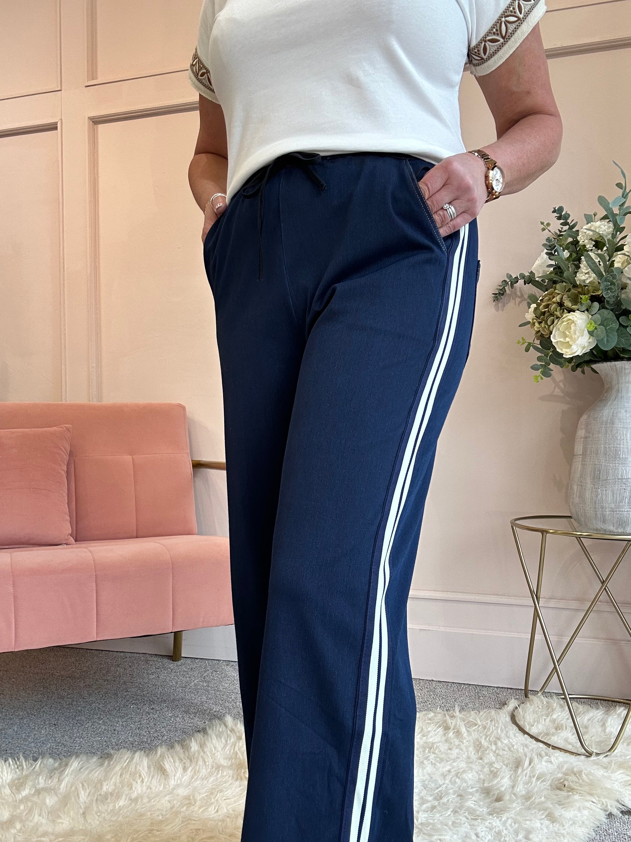 White Striped Edge Jogger Pant - Blue/White - Wardrobe By Simone