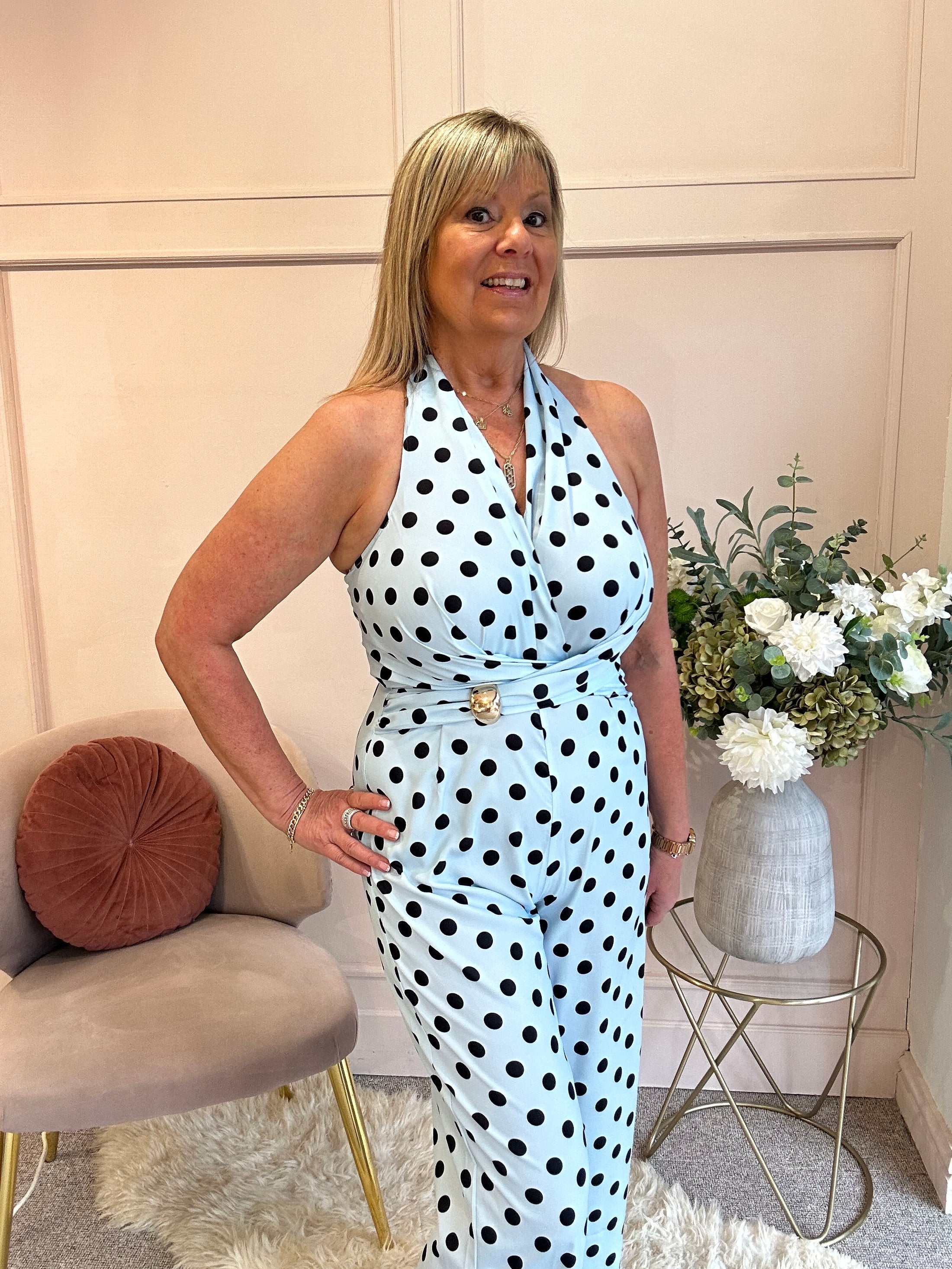 Halter Neck Polka Dot Jumpsuit - Soft Blue/Black - Wardrobe By Simone