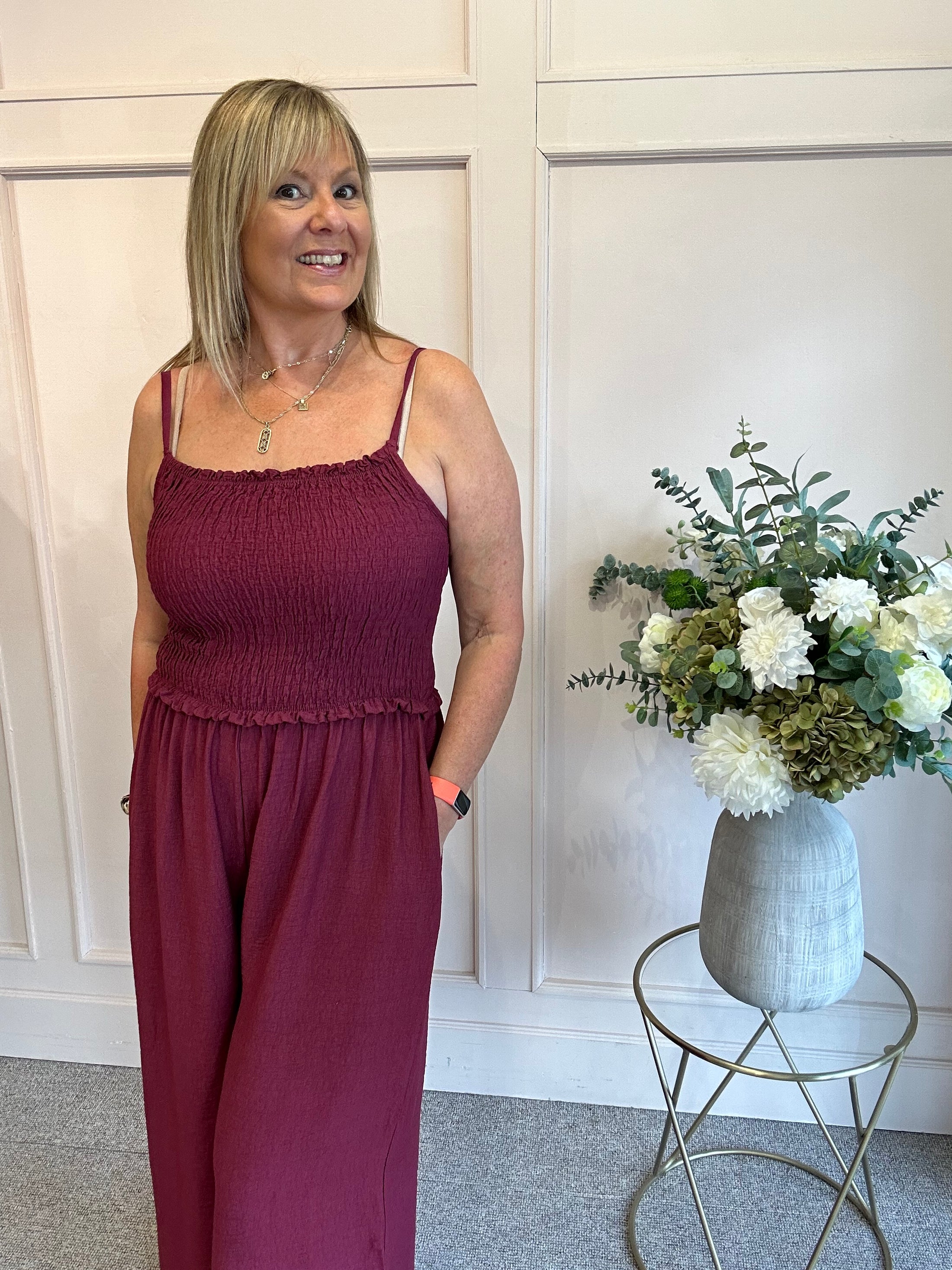 Elasticated Bodice & Wide Leg Jumpsuit - Burgundy