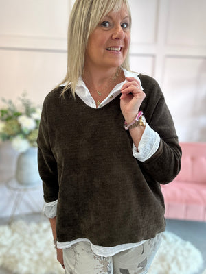Ribbed Corduroy Look Jumper  - Chocolate