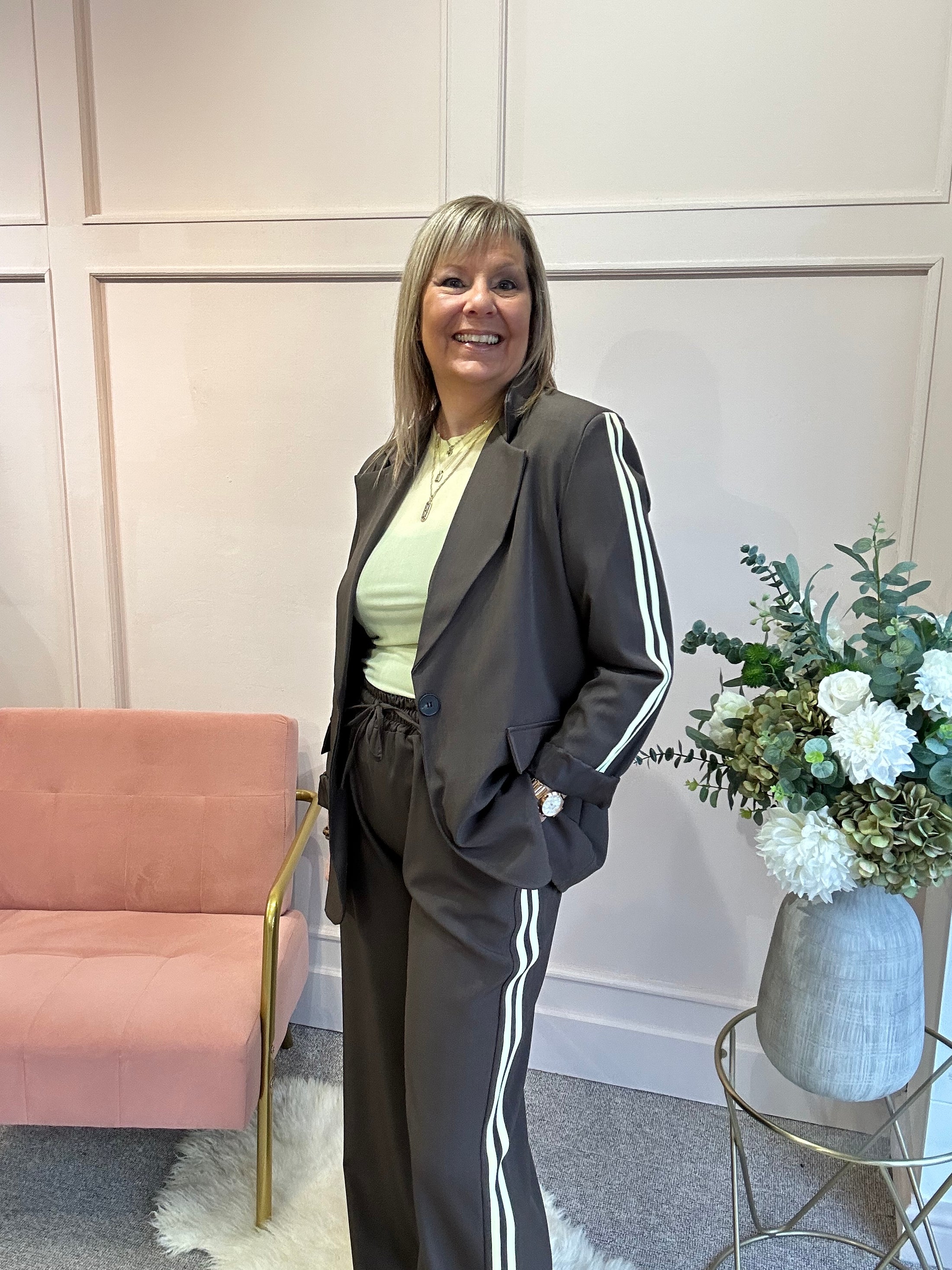 Blazer With Yellow Stripe &Trouser Set -Chocolate