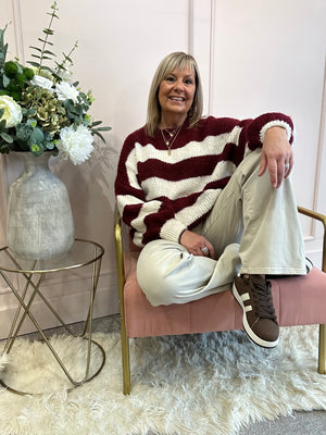 Chunky Striped Knitted Jumper - Wine/Cream