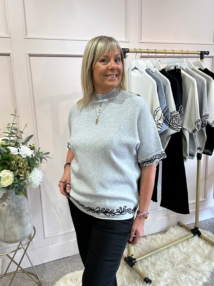 Embroidered Leaf Detail Jumper - Marble Grey
