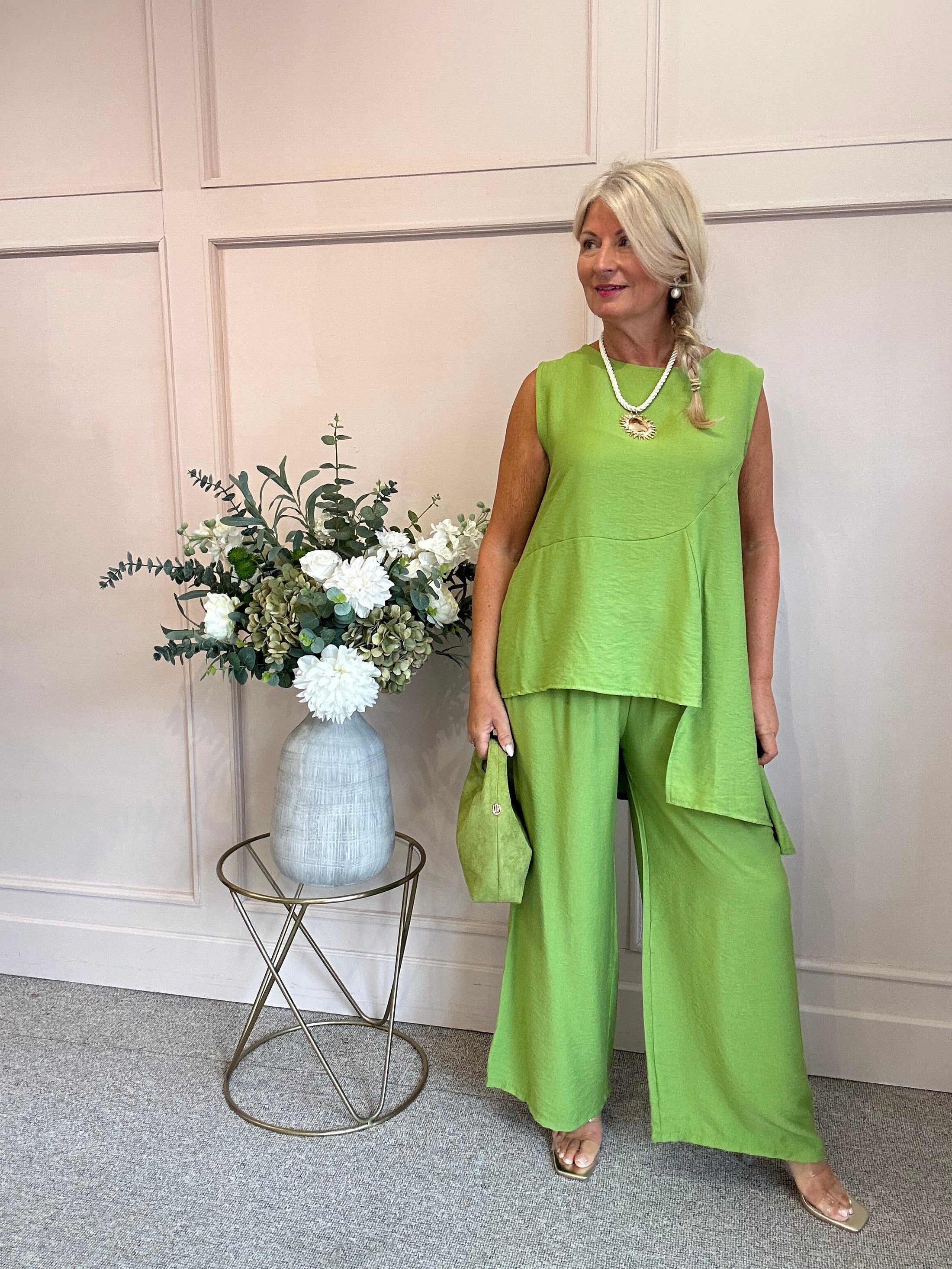 Sleeveless Asymmetrical Top & Pants Set - Green One Size