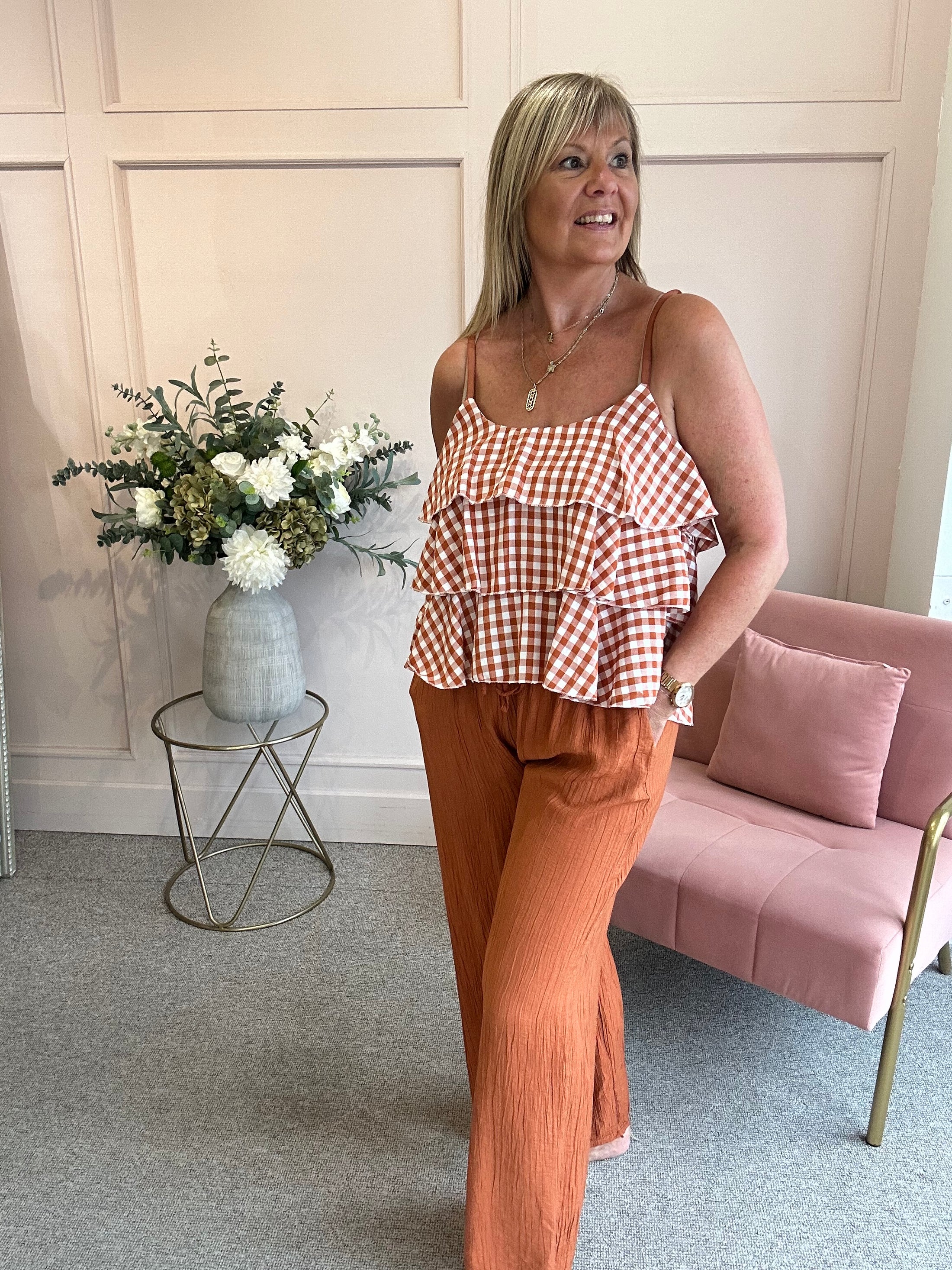 Ra-Ra Gingham Cami Top - Rust/White