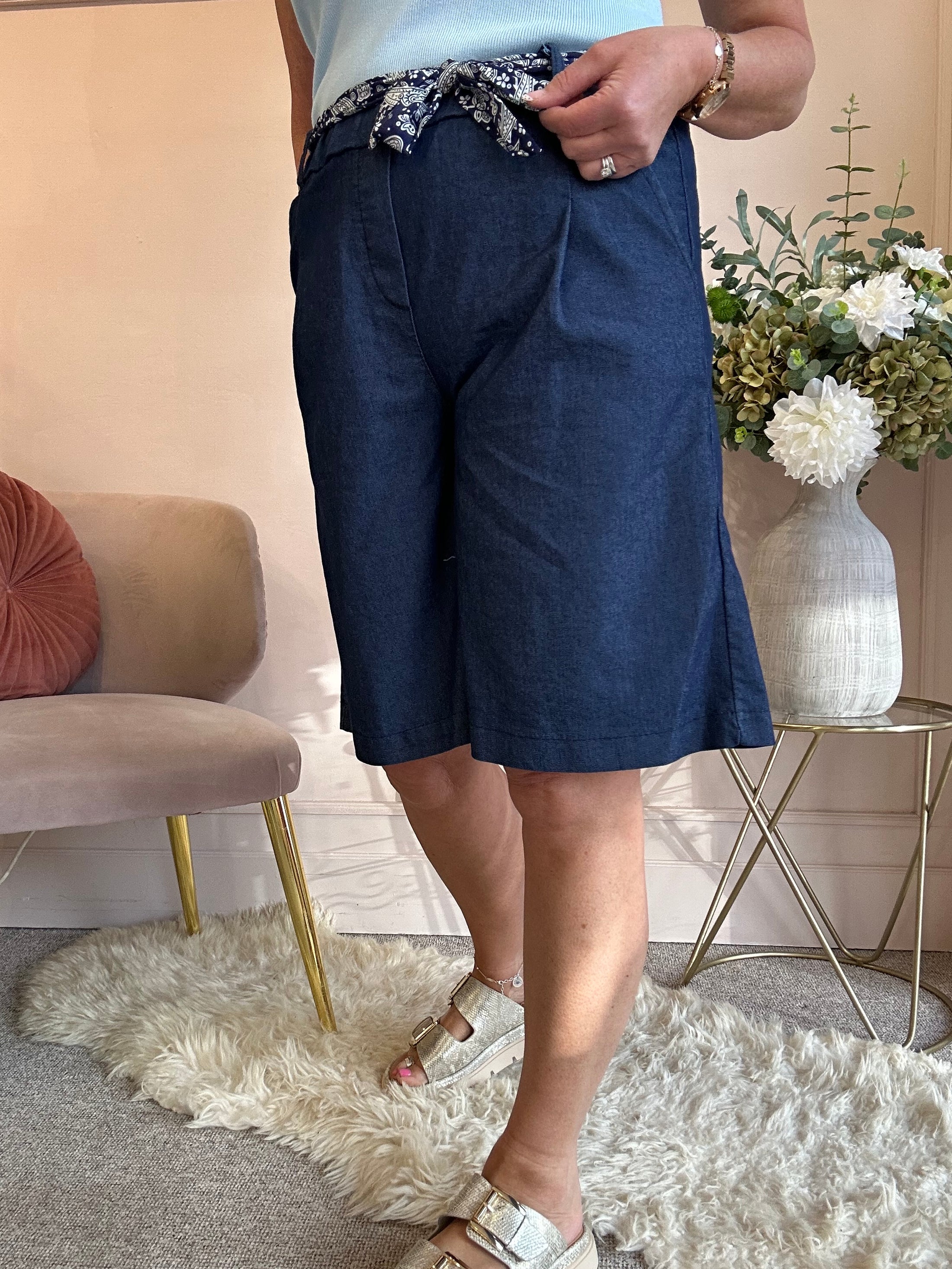 Tie Belted Shorts - Dark Blue - Wardrobe By Simone