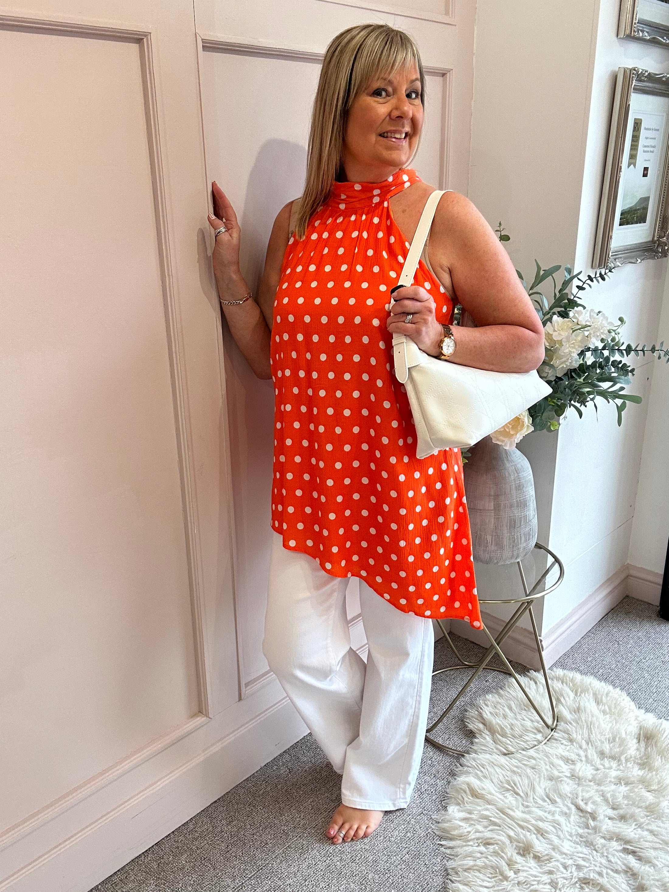 Polka Dot Halter Neck Top - Orange/White - Wardrobe By Simone