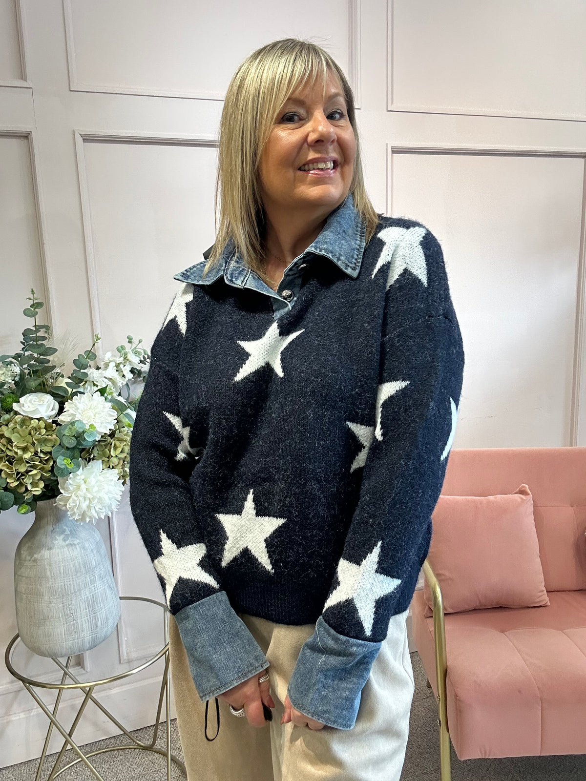 Stars & Denim Collar Jumper - Navy/White