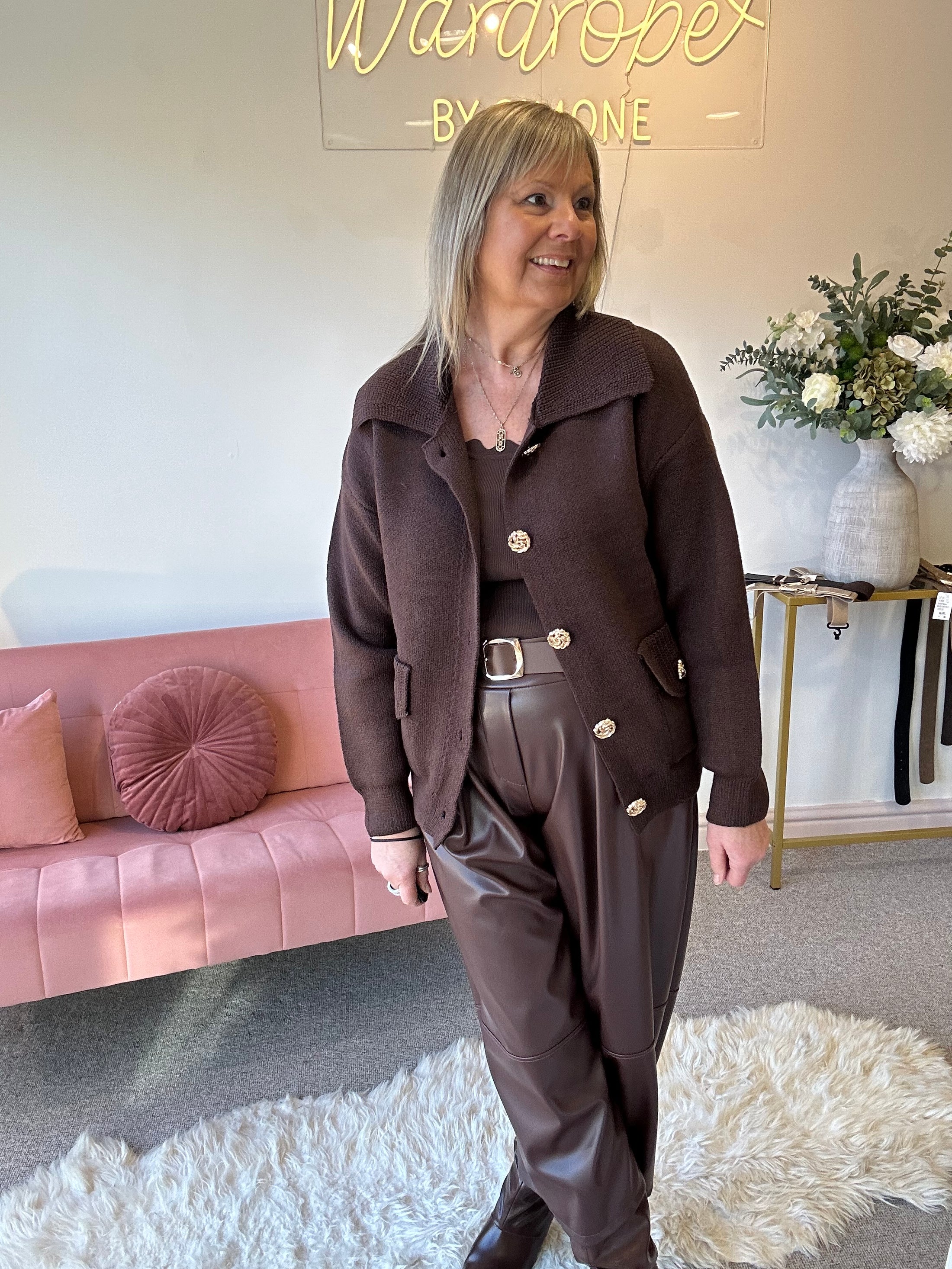 Gold Button Cardi Jacket -  Brown