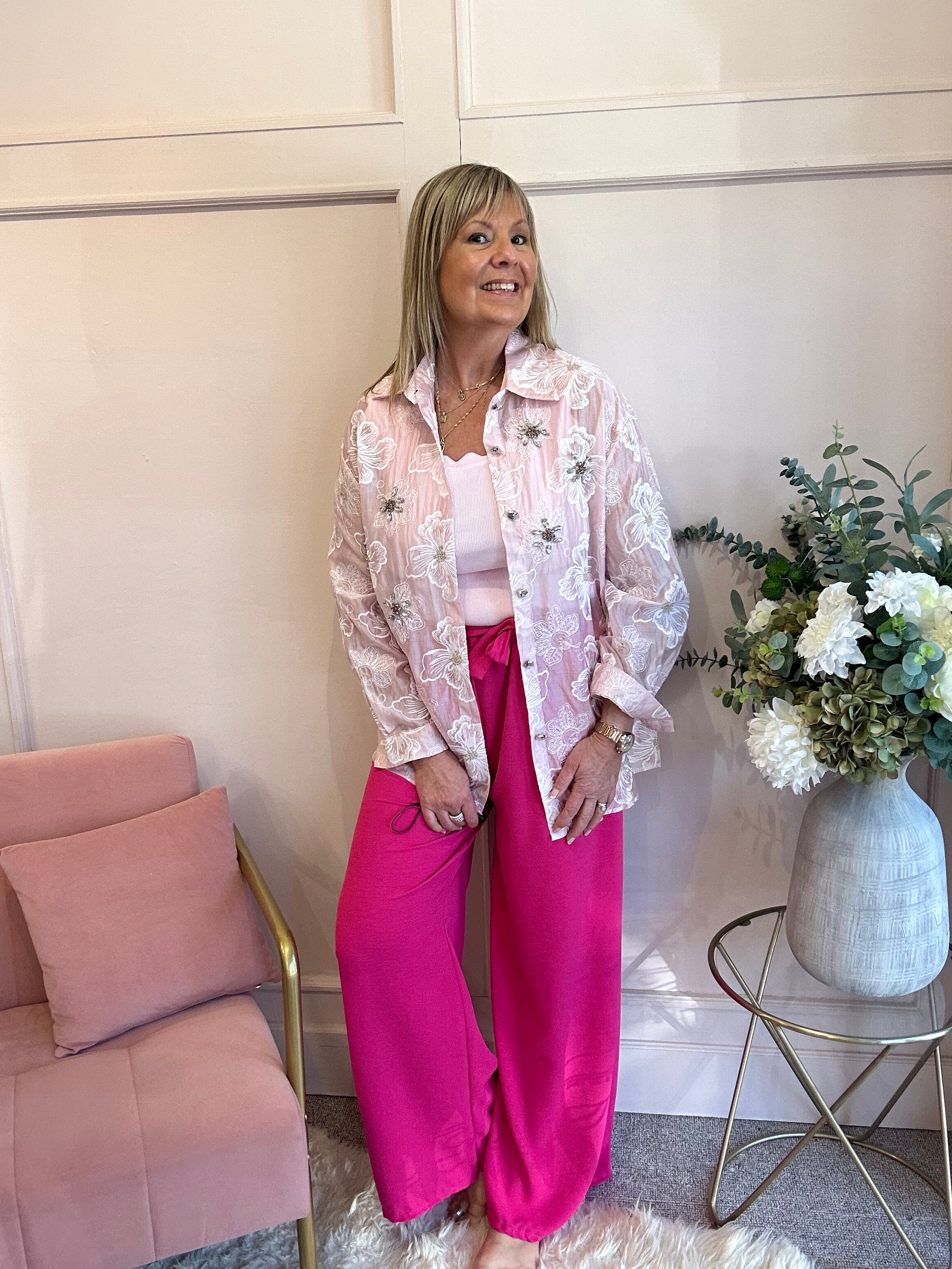 Gold Flower & Gem Detail Shirt  - Pink - Wardrobe By Simone