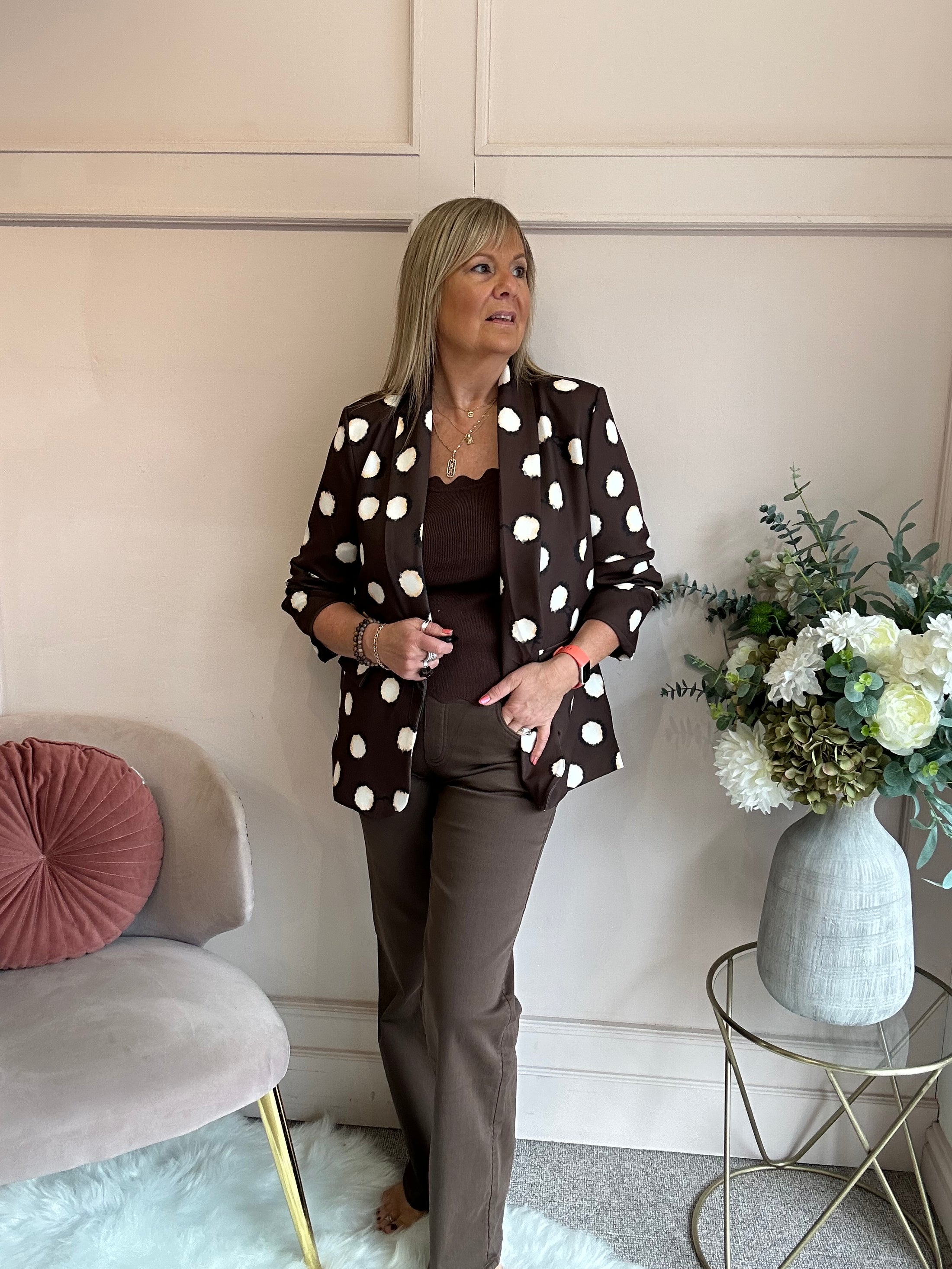 Spot & Ruched Sleeve Blazer - Brown/Cream