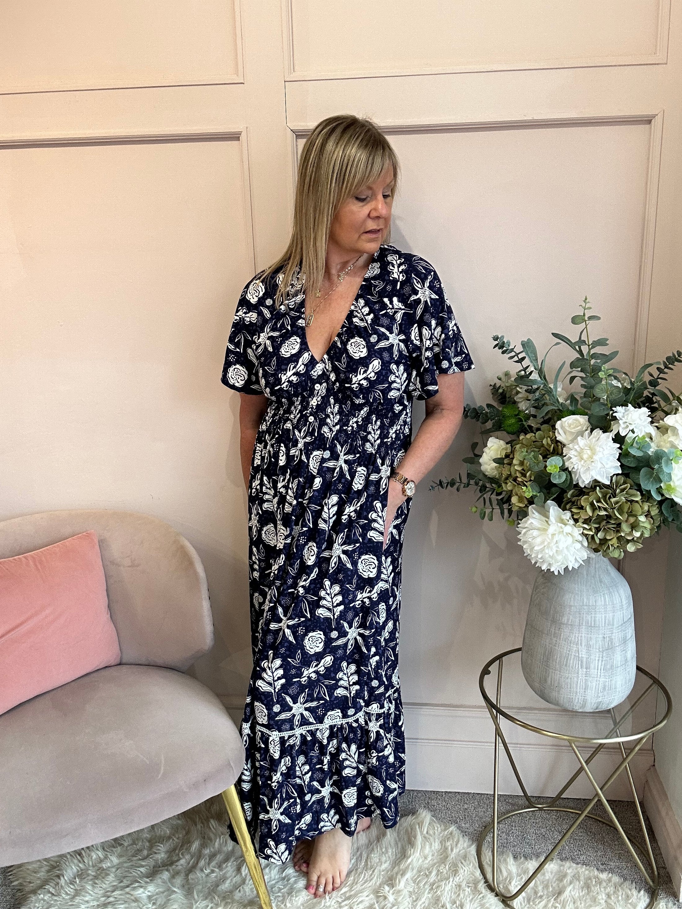 White Floral Maxi Dress - Navy/White - Wardrobe By Simone