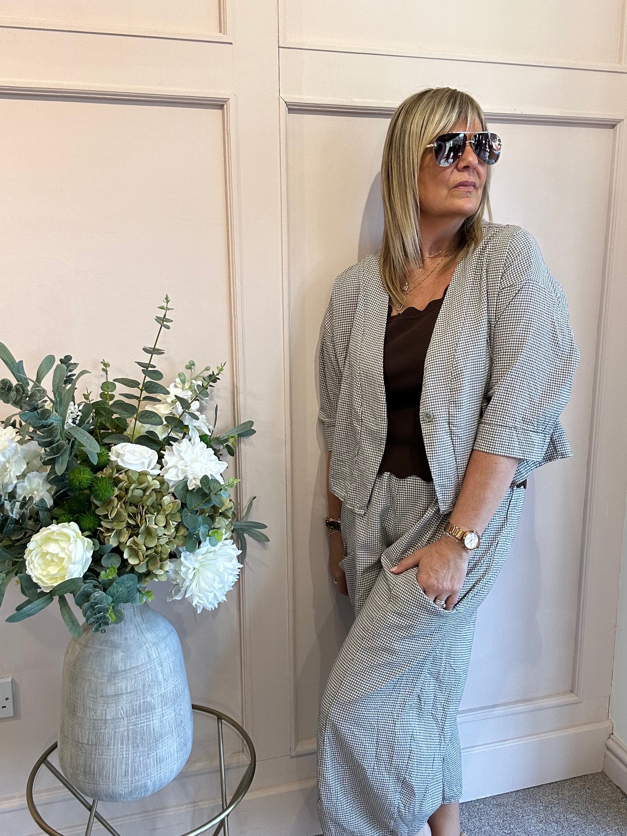 Gingham Little Jacket & Pants Set - Taupe/White