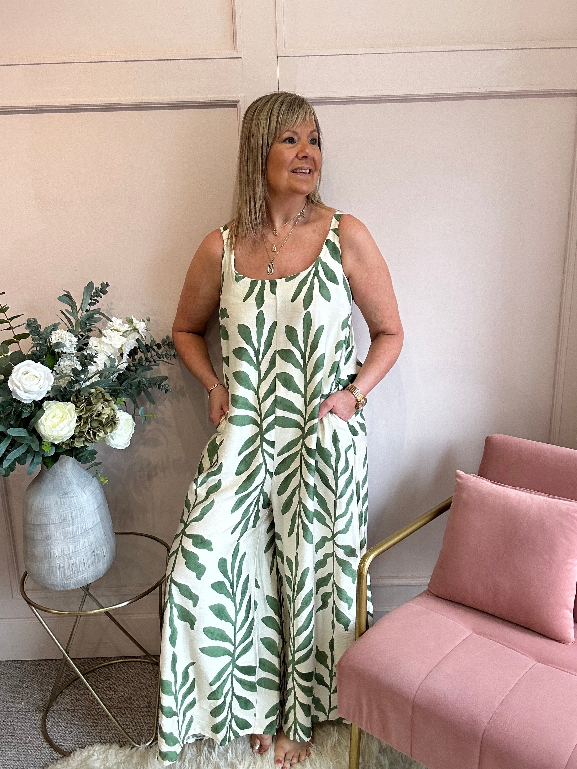 Botanical Dungarees - Cream/Green - Wardrobe By Simone