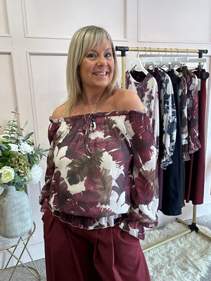 Leafy Ruffle Edged Top - Burgundy/Browns