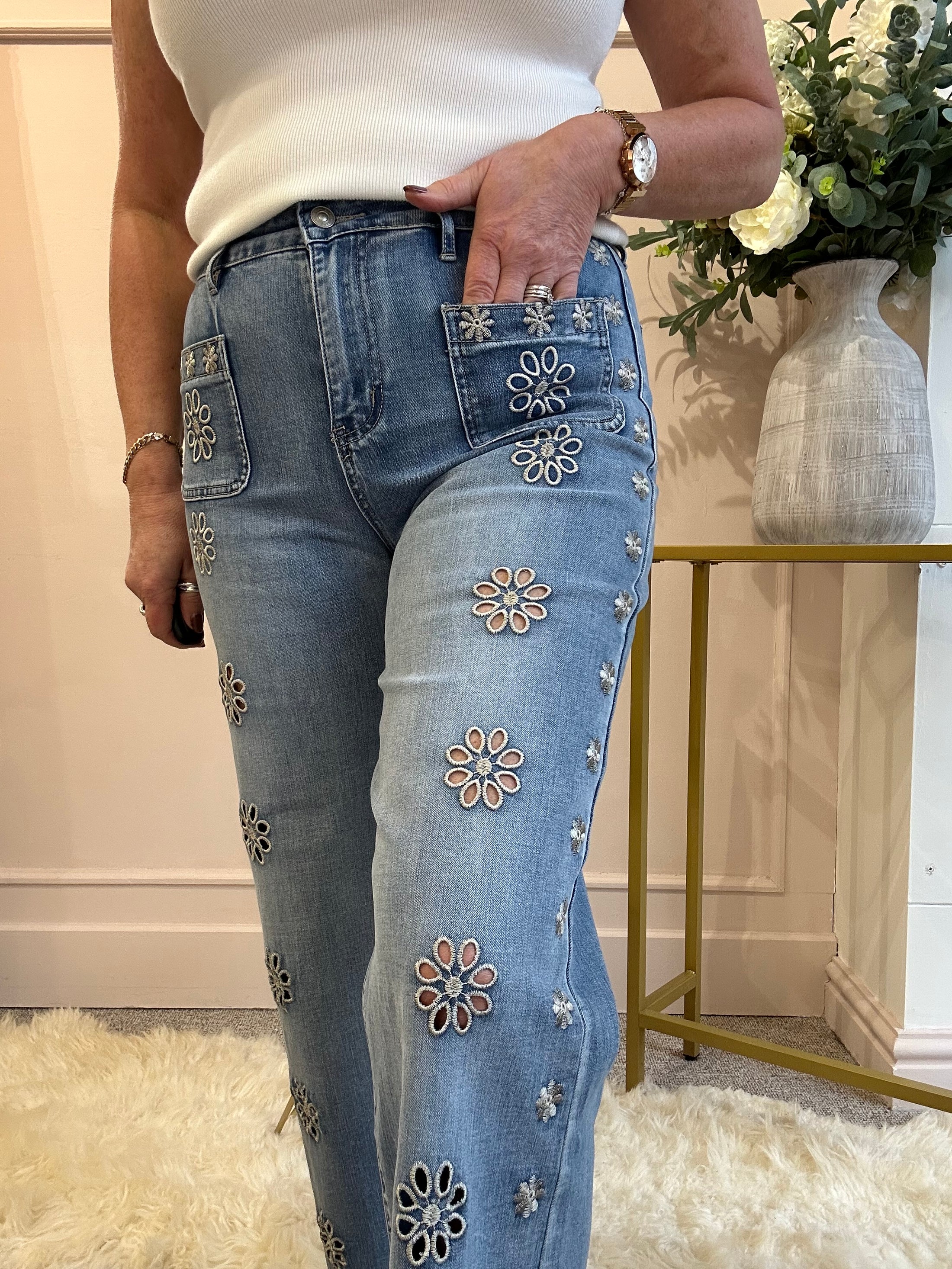 Boho Vibe Daisy Embroidered Jean - Denim - Wardrobe By Simone