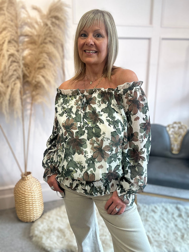 Floral Bloom Ruffle Neck Top - Khaki/Cream - Wardrobe By Simone
