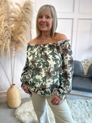 Floral Bloom Ruffle Neck Top - Khaki/Cream - Wardrobe By Simone