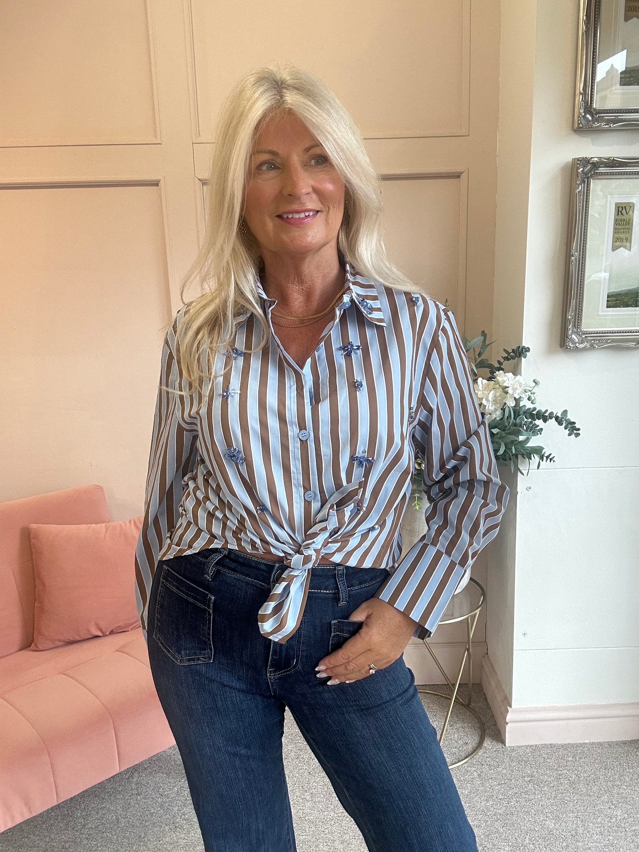 Jewels & Stripes Shirt - Powder Blue/Caramel
