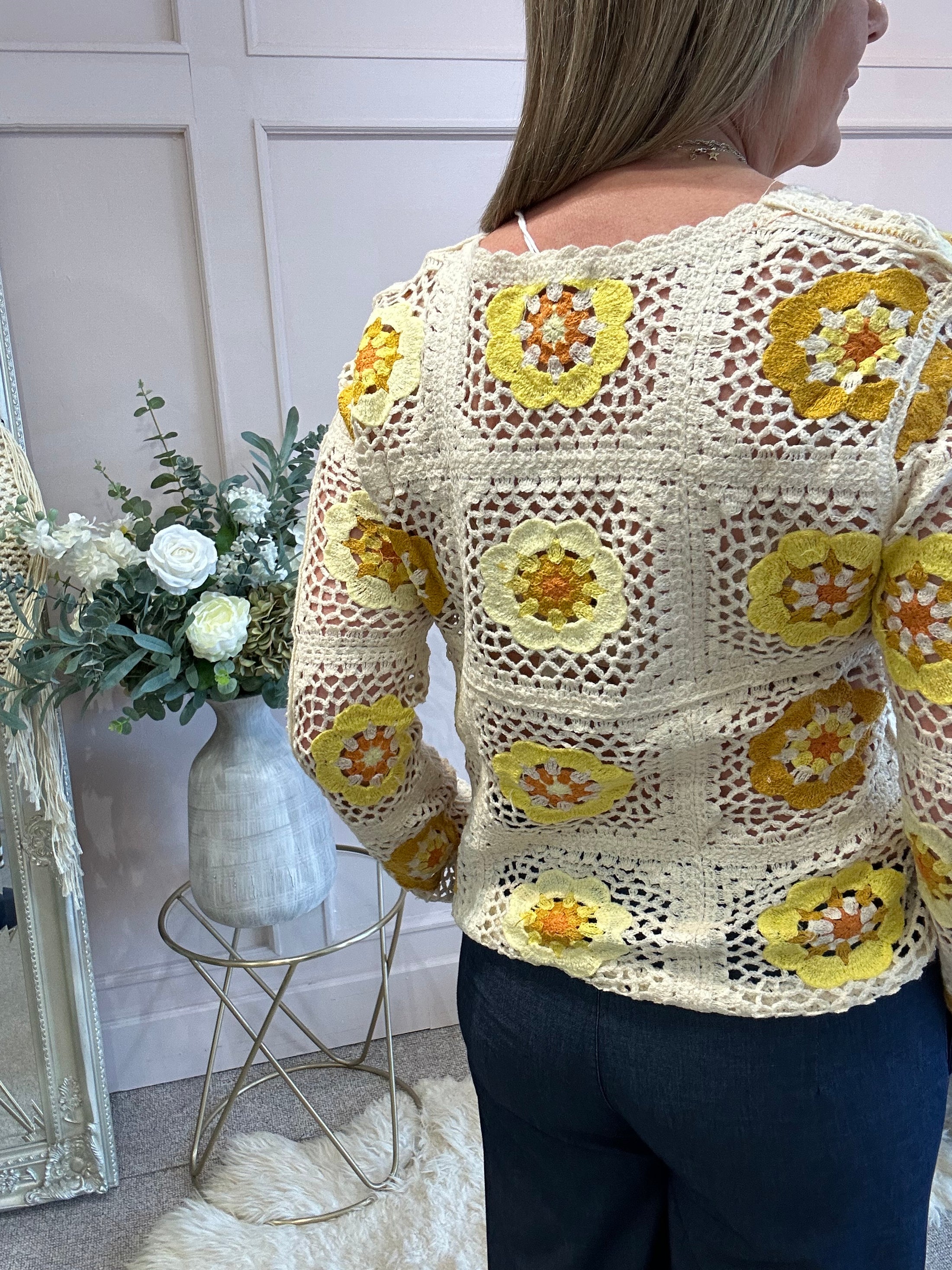 Crochet  Scallop Edge Jumper - Cream/Yellow - Wardrobe By Simone