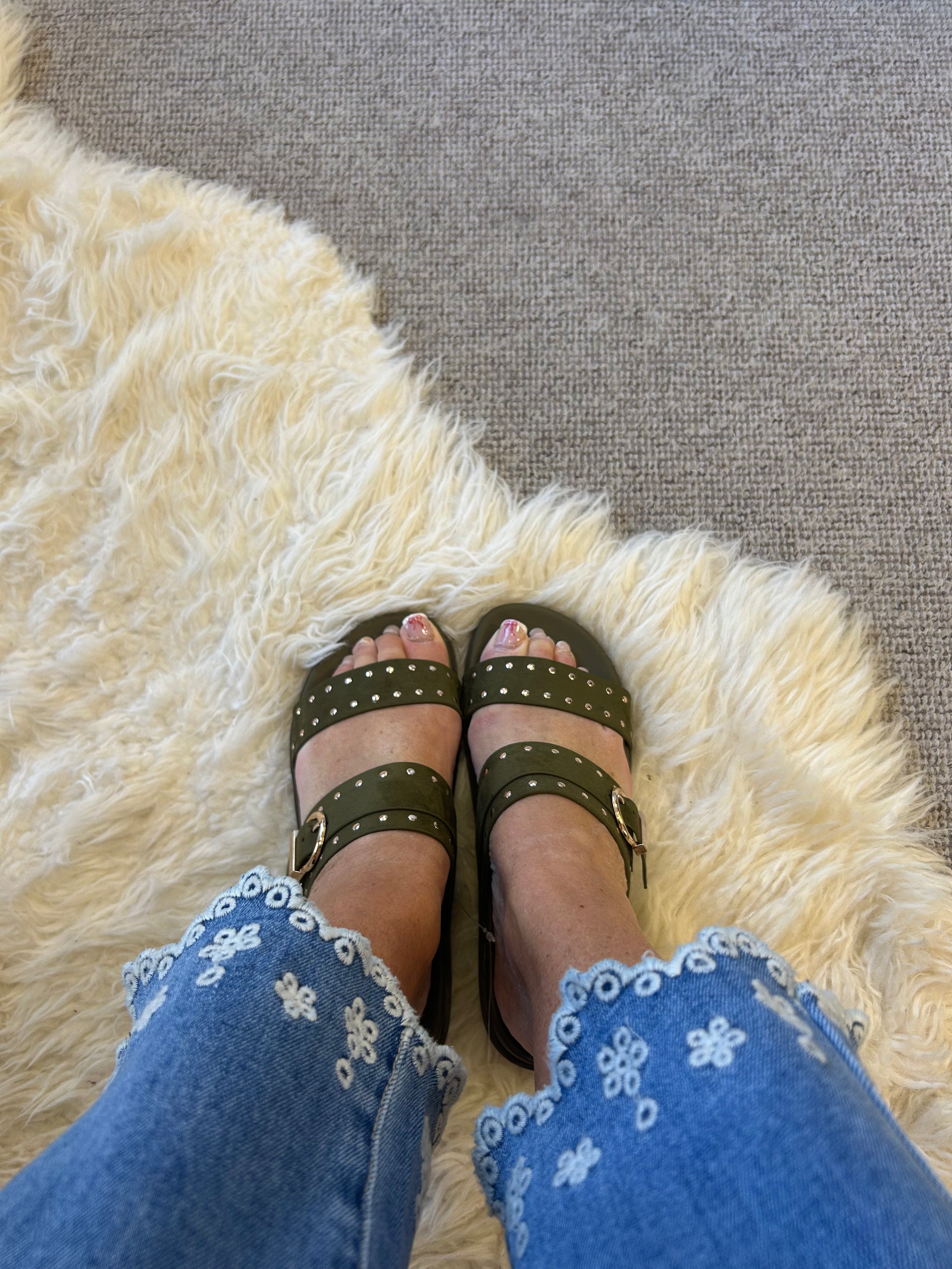 Julia Gold Stud & Buckle Sandal - Olive