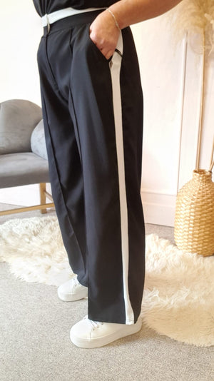 White Stripe On Side Wide Pant - Black